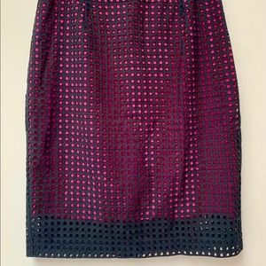 Halogen pencil skirt, fuchsia w/ black overlay